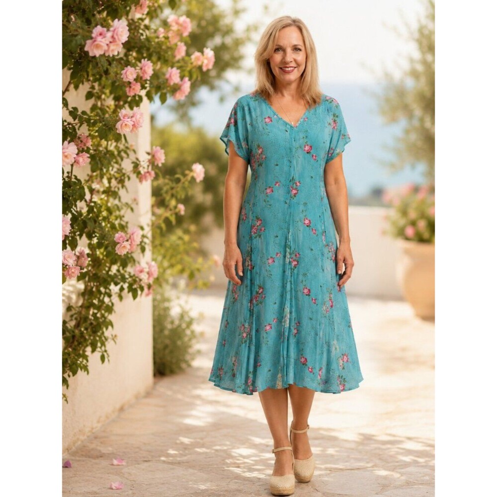 Vintage Bila Turquoise Rose Print Rayon Flowy Summer Midi Dress | Large